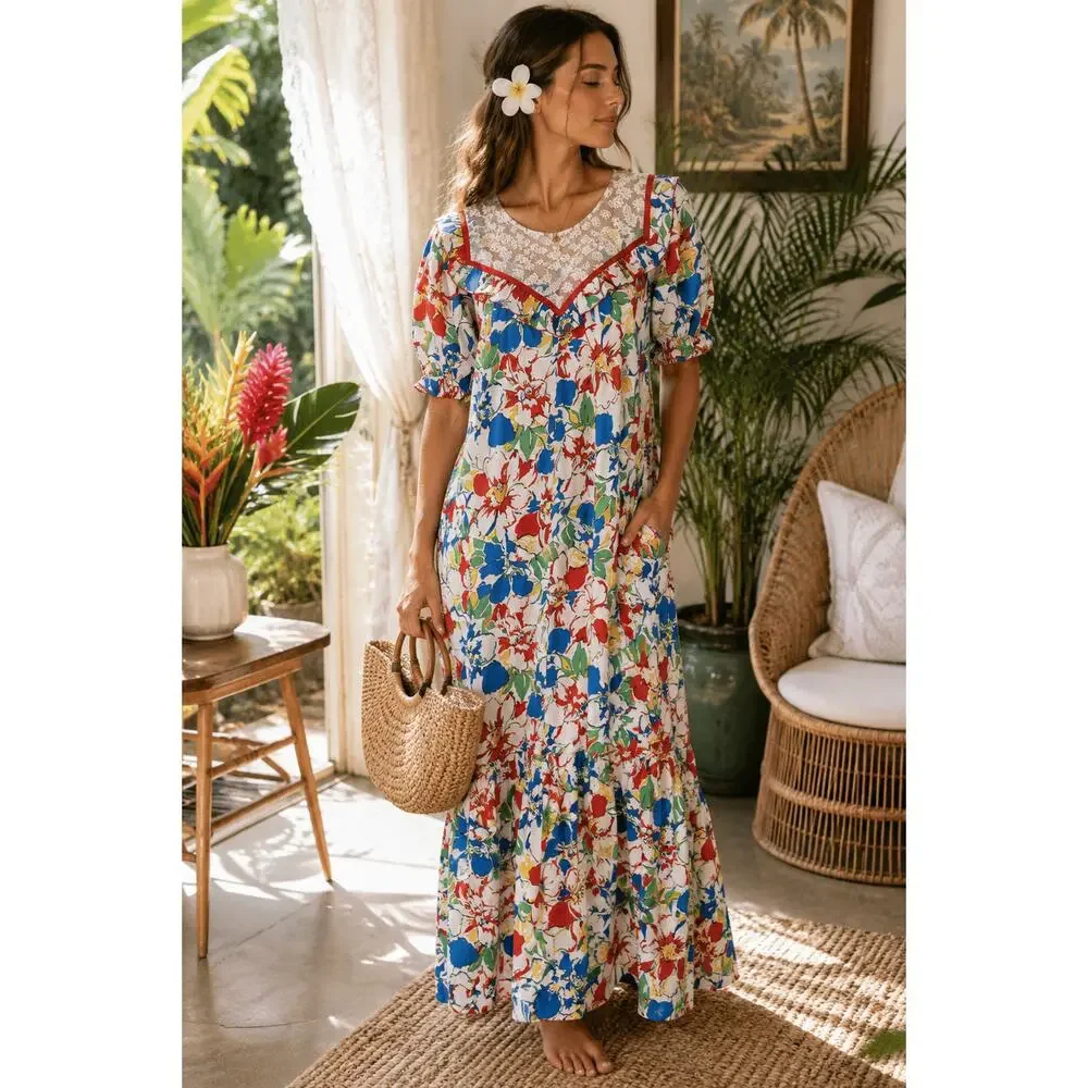 Vintage 70s Floral Muumuu Maxi Dress Lace Yoke Hawaiian House Dress USA Size 14